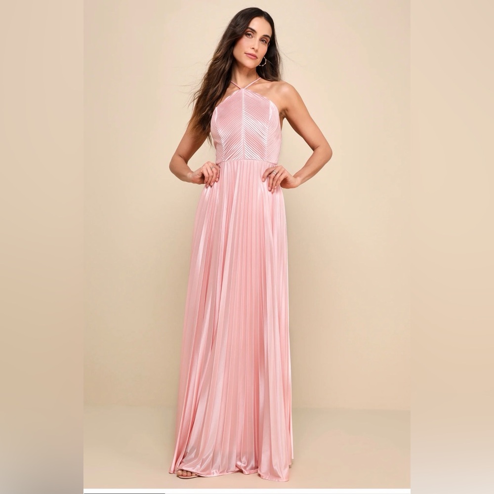 Lulus Elaborate Charm Light Pink Satin Pleated Backless Maxi Dress